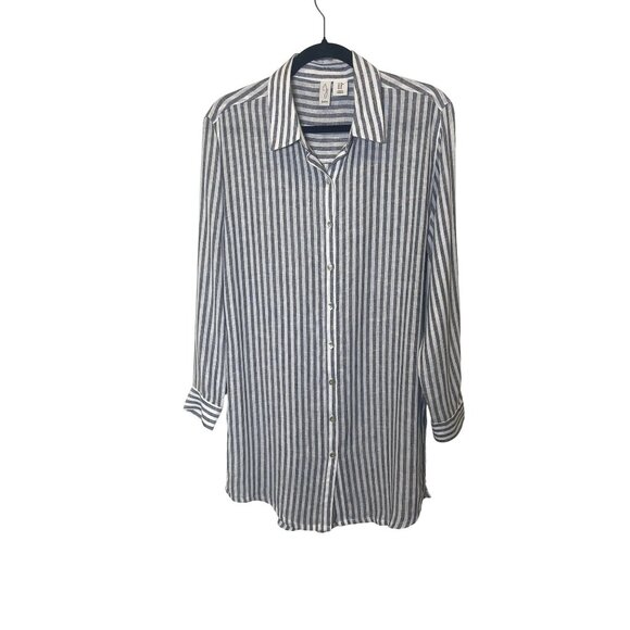 Joie Womens Linen Blend Striped Long Sleeve ButtonUp Top-Tunic Med Casual-Office - Picture 1 of 6